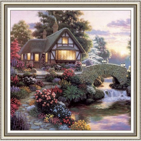 Thatched cottage with bridge (50 x 50 picture size)